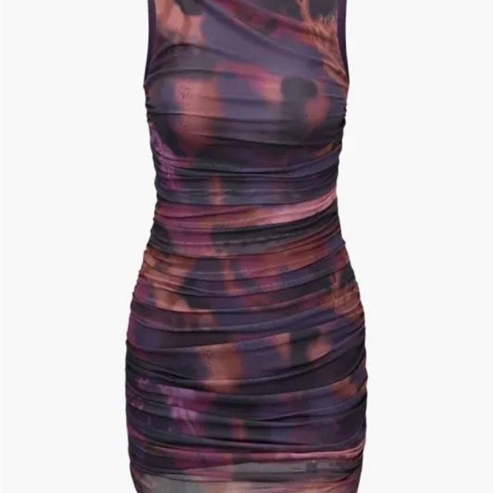 Purple ruched mini bodycon dress with stretchy fabric